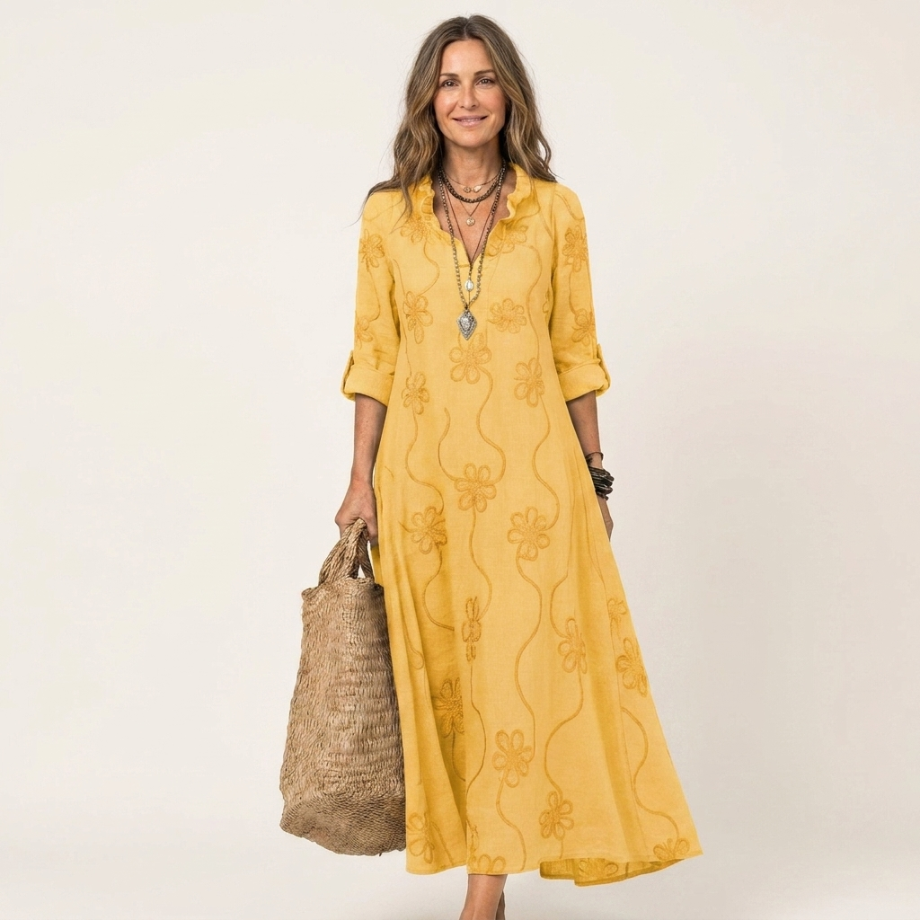 Beautiful floral embroidered women's maxi dress with V-neck, ideal for summer elegance.