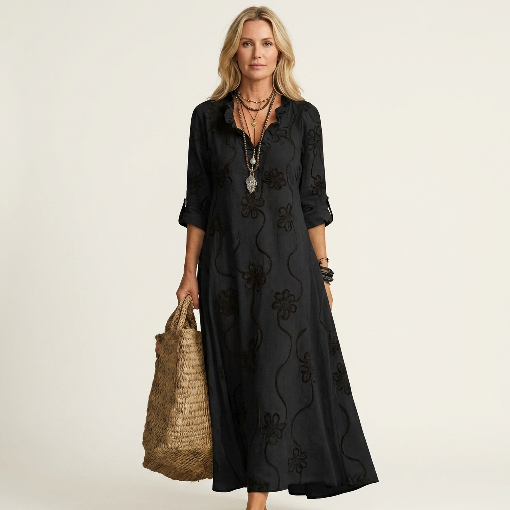Ruffled V-neck floral embroidered maxi dress for women. Chic summer casual wear.