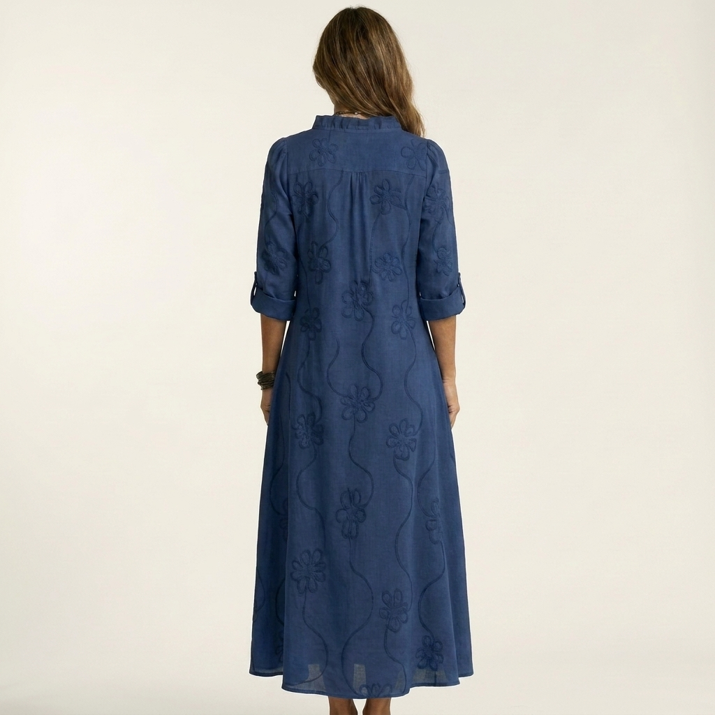 A-line floral embroidered maxi dress for women, stylish and comfortable for summer holidays.