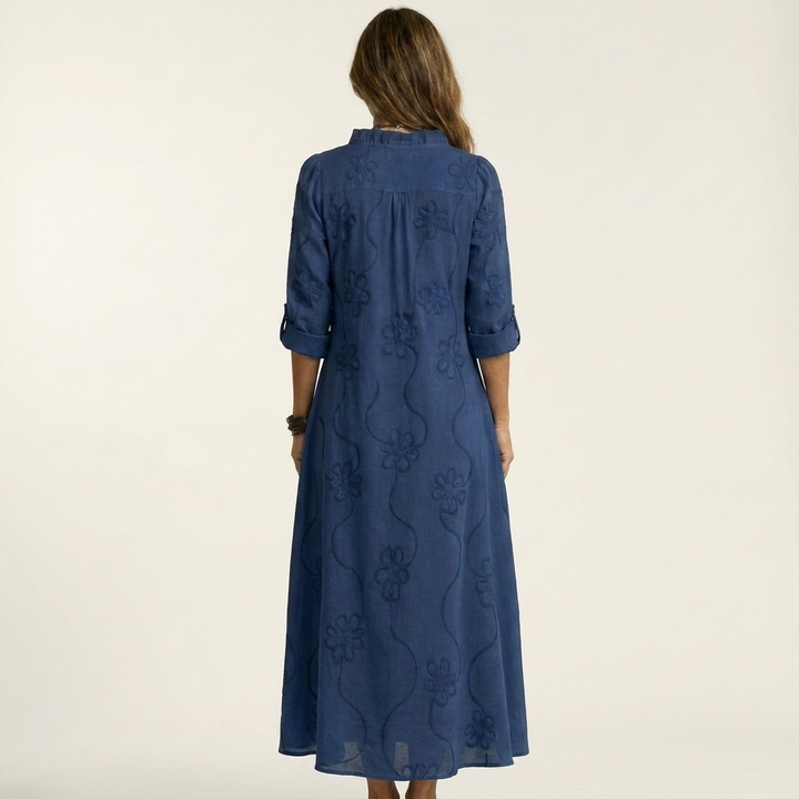 A-line floral embroidered maxi dress for women, stylish and comfortable for summer holidays.