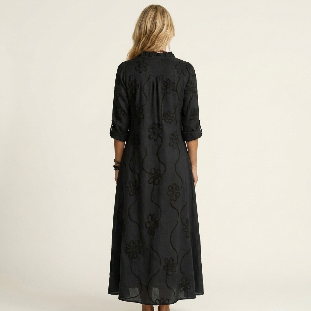 Effortless casual A-line maxi dress for women, featuring intricate floral embroidery.