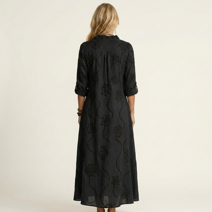 Effortless casual A-line maxi dress for women, featuring intricate floral embroidery.