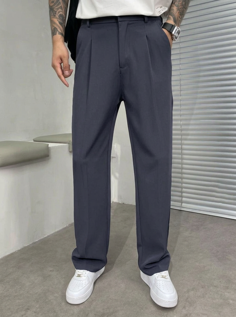 Elegant men's wide-leg dress trousers, ideal for formal wear, office, or smart casual occasions. Professional.