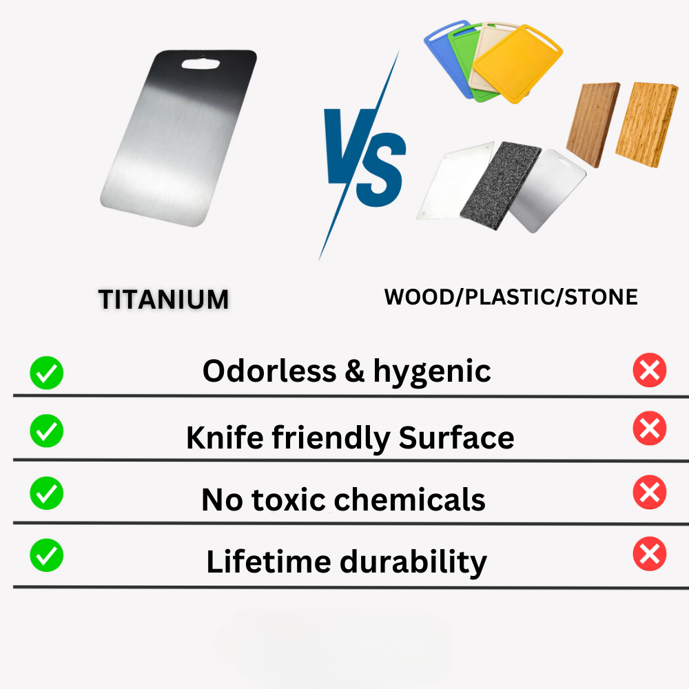 Versatile titanium cutting board, perfect for all food preparation tasks, hygienic and durable.