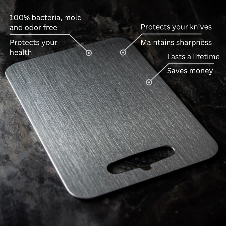 Antibacterial titanium cutting board with a non-porous surface, ideal for food preparation.