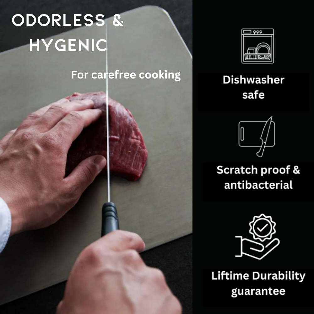 Modern titanium cutting board, a durable and non-porous kitchen essential for chef tools.