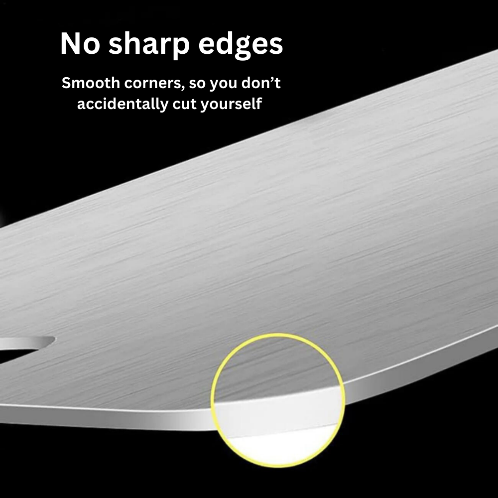 Lightweight titanium cutting board, easy to handle and dishwasher safe for convenience.