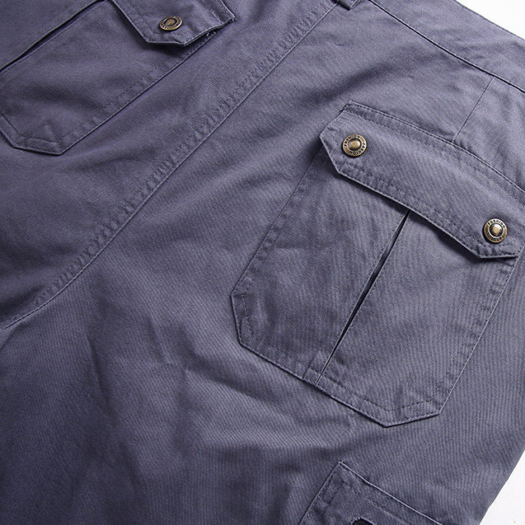 Rugged men's tactical cargo shorts, designed for ultimate comfort during outdoor adventures & summer hikes.