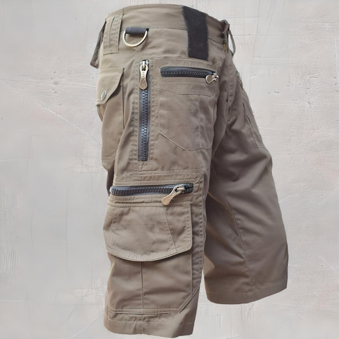 Durable men's cargo shorts, ripstop fabric for rugged outdoor wear, perfect for hiking and adventure.