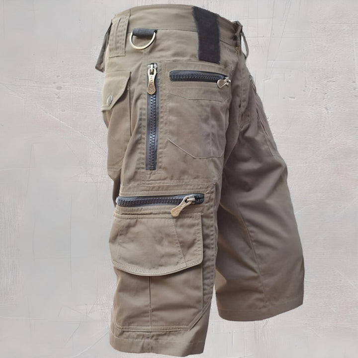 Durable men's cargo shorts, ripstop fabric for rugged outdoor wear, perfect for hiking and adventure.