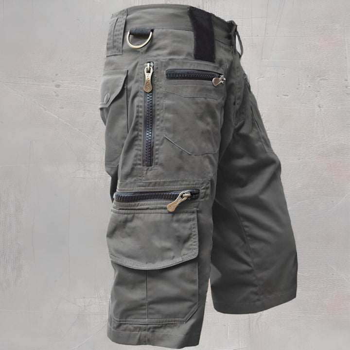 Multi-pocket tactical shorts for men, ideal functional apparel for outdoor adventures and hiking gear.
