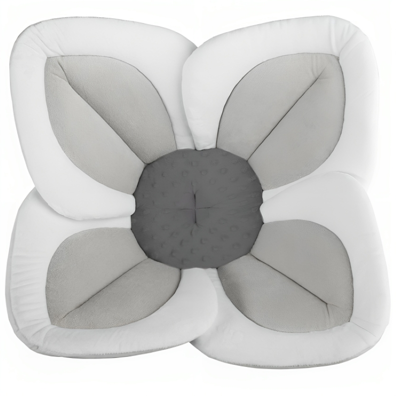 Safe infant flower bath seat. Plush, soft baby bath support for newborns, making bathing cozy & secure.