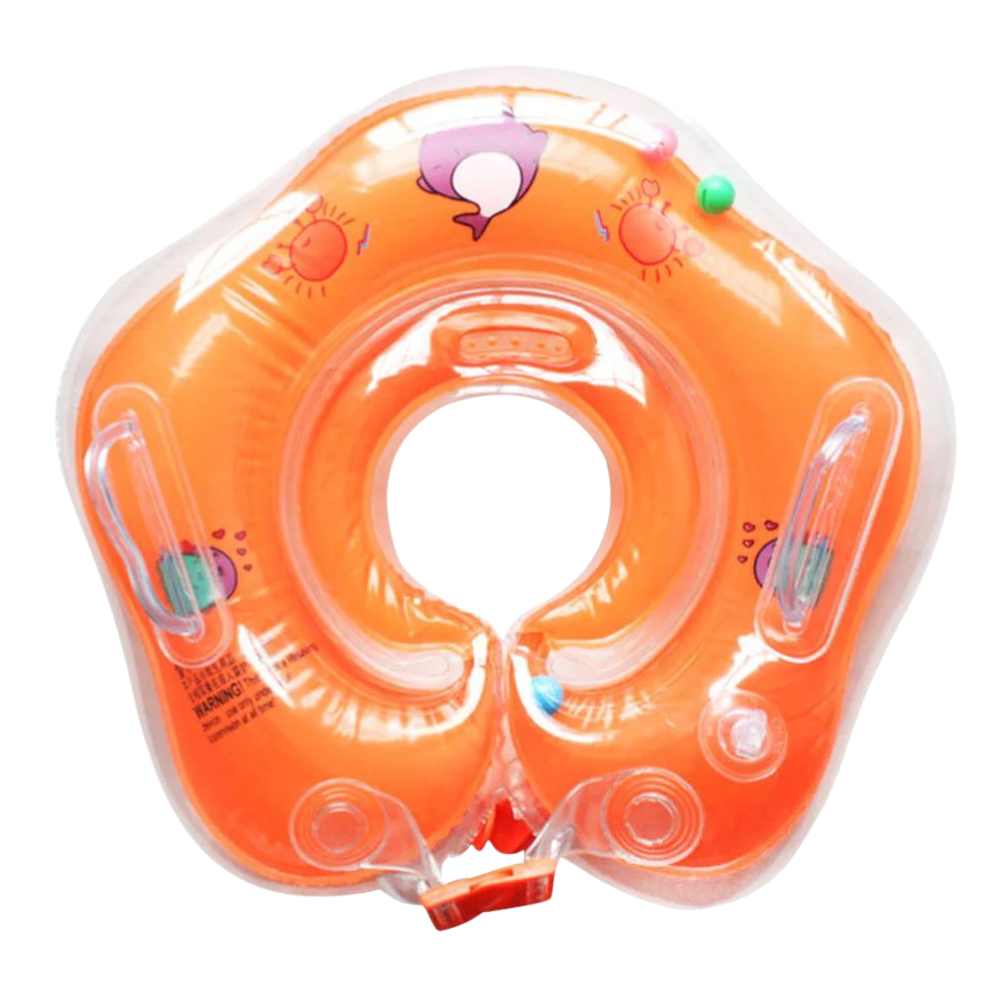 Infant safe neck float with double air chambers & handle, perfect for baby water fun & swimming aid.