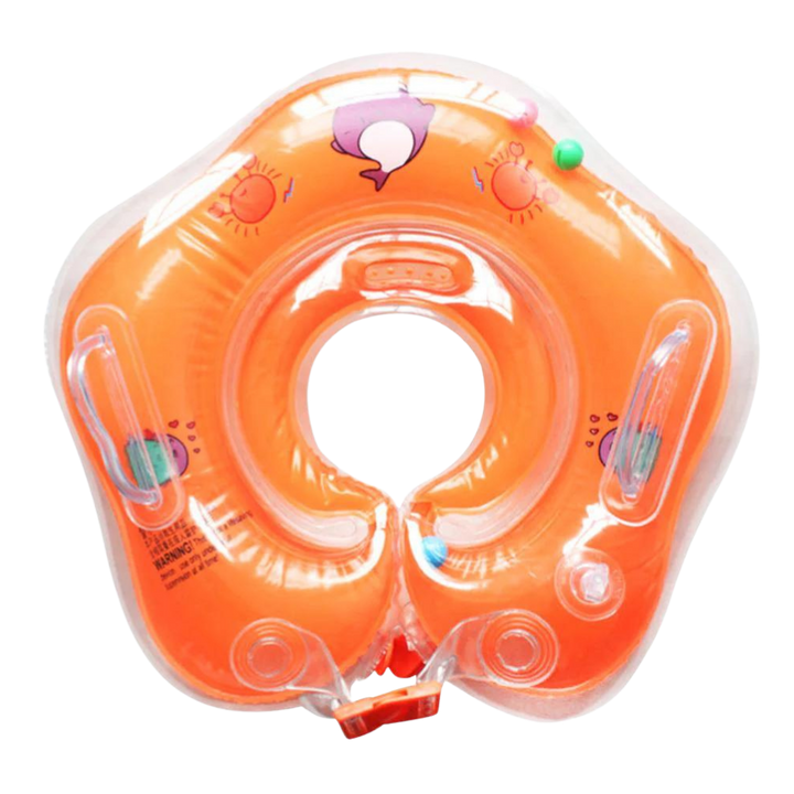 Infant safe neck float with double air chambers & handle, perfect for baby water fun & swimming aid.