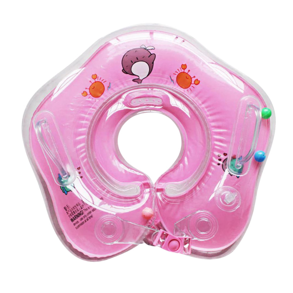 Infant bath time neck float with double air chambers & safety handle, ensuring secure water fun.