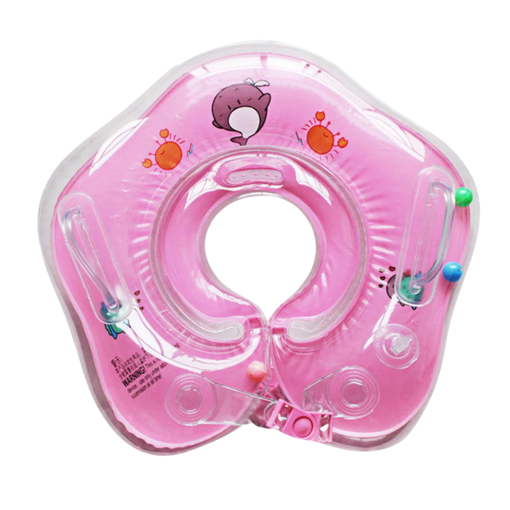 Infant bath time neck float with double air chambers & safety handle, ensuring secure water fun.
