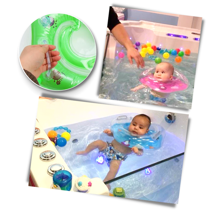 Child's neck float, a water safety pool accessory with dual air chambers & sturdy handle for fun.