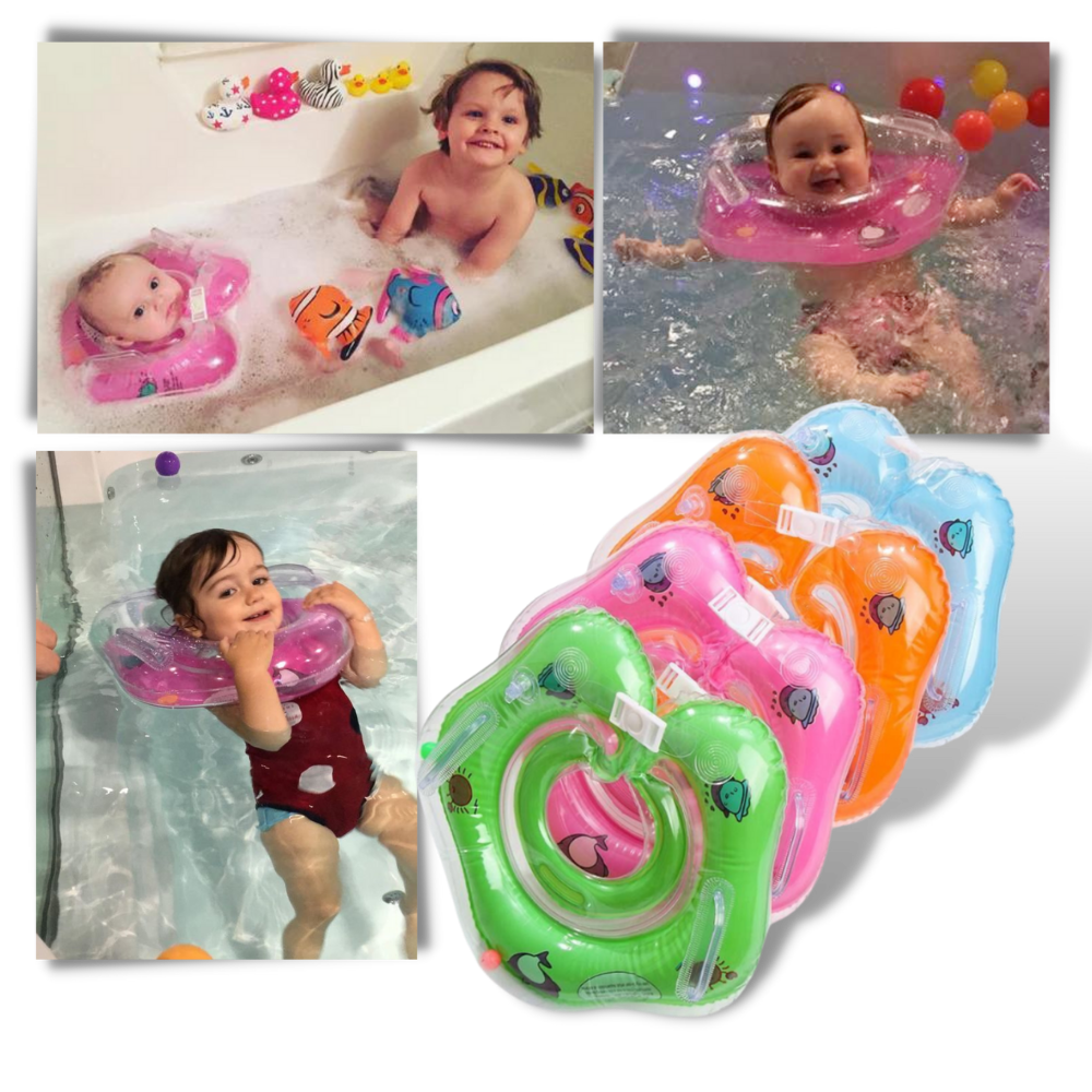 Secure baby neck float designed for water safety, featuring double air chambers and safe handling.