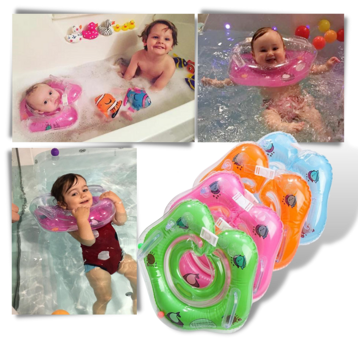 Secure baby neck float designed for water safety, featuring double air chambers and safe handling.