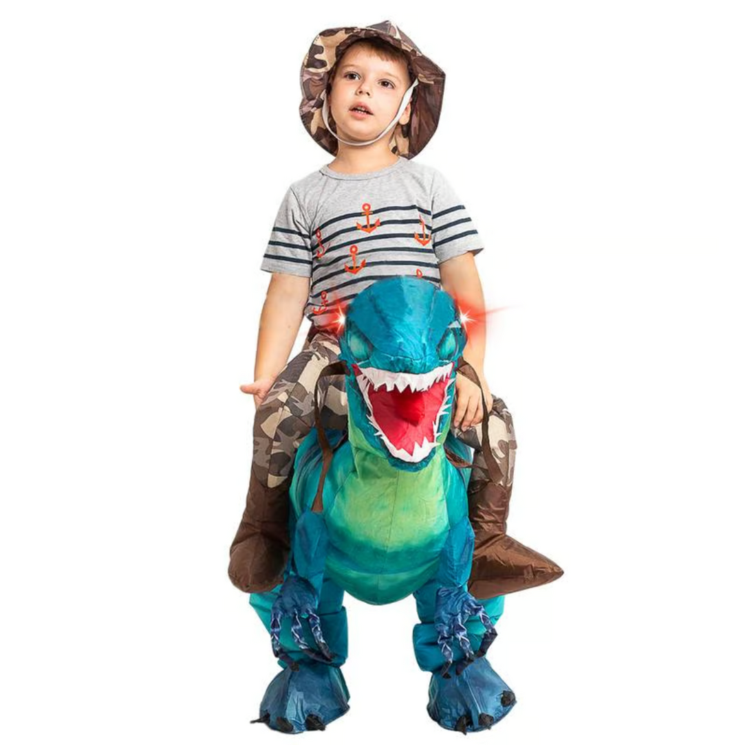 Kids' inflatable blue dino ride-on toy for active outdoor play; great for imaginative fun & party games.
