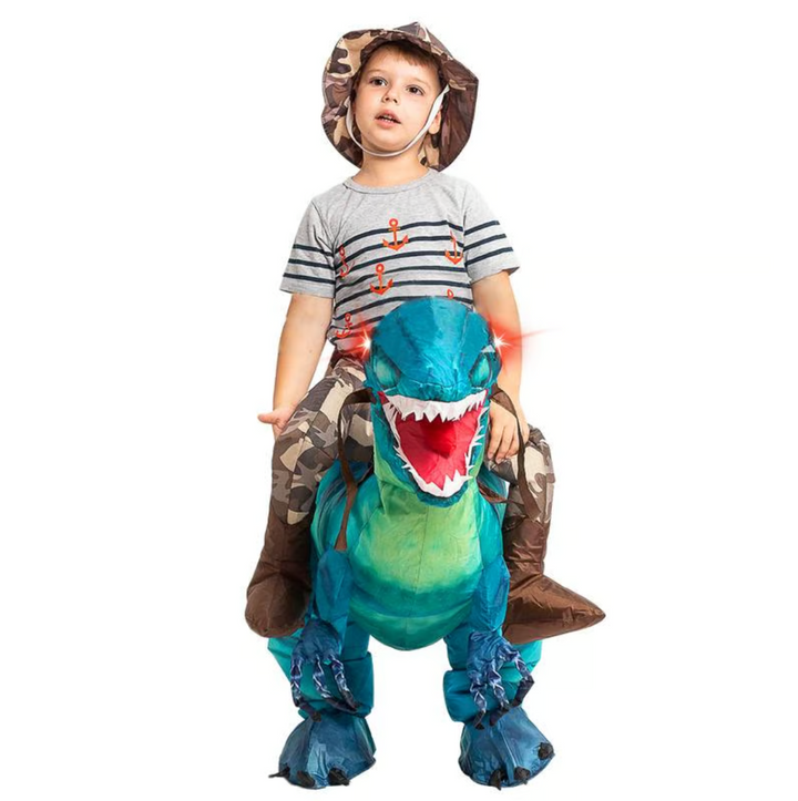 Kids' inflatable blue dino ride-on toy for active outdoor play; great for imaginative fun & party games.