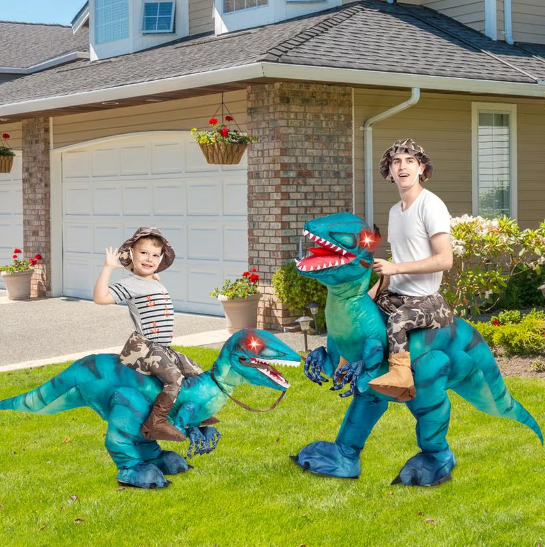 Adults' red inflatable dinosaur ride-on for hilarious party games & active fun; durable outdoor/indoor toy.