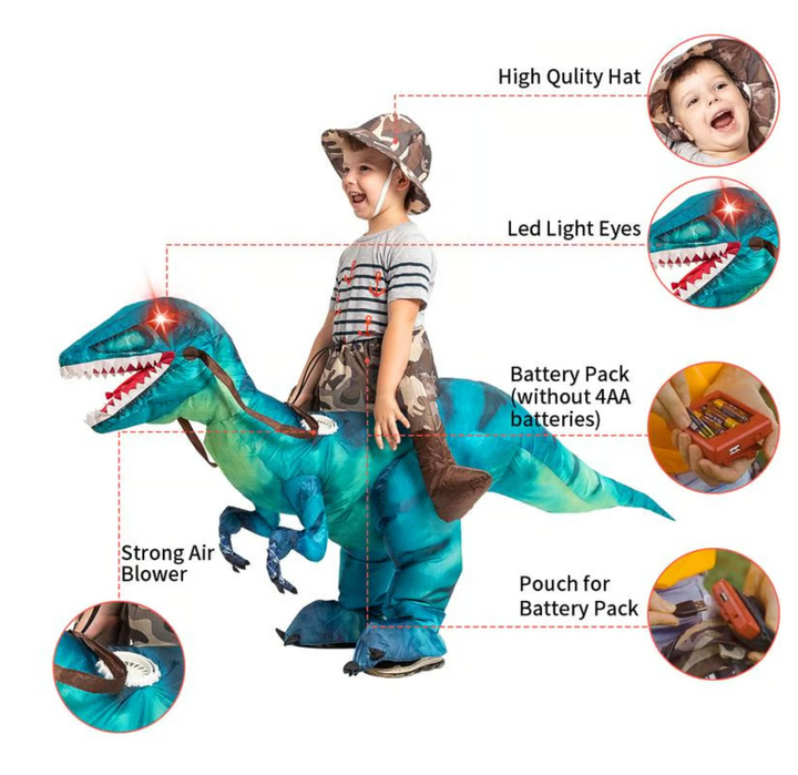 Large inflatable blue & red dinosaur ride-on toy, ideal for active kids' playtime & adult party fun, indoor/outdoor.