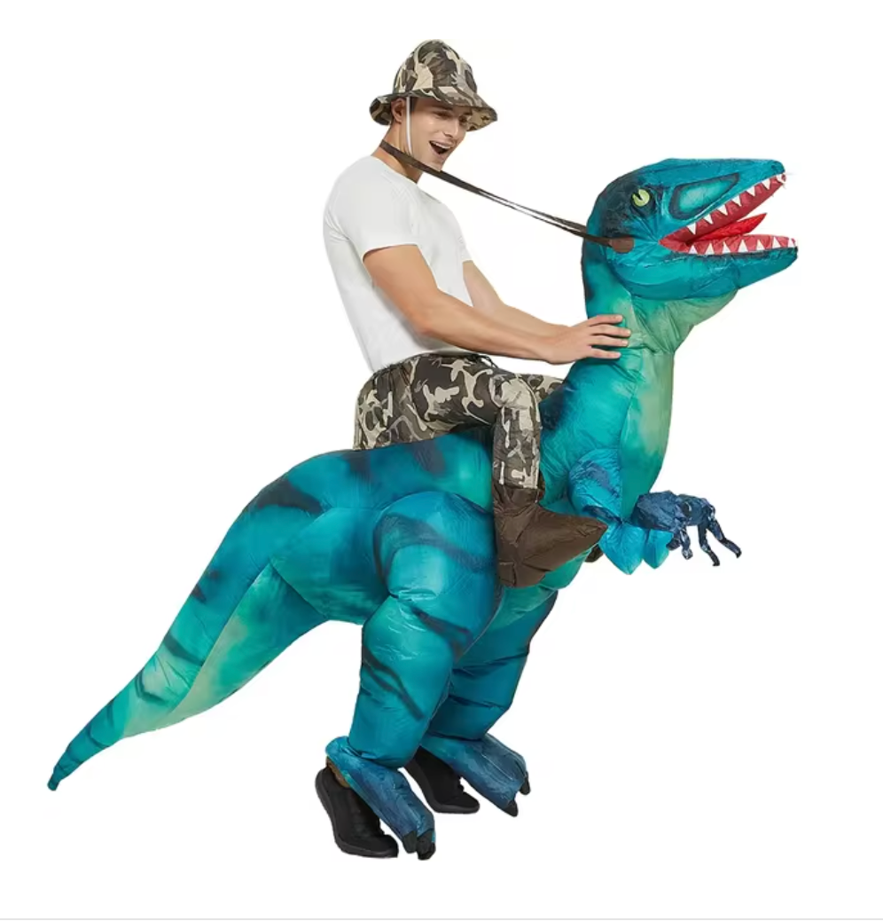 Vibrant blue & red inflatable dino ride-on toy, durable for active outdoor/indoor play; a fun dinosaur party game.