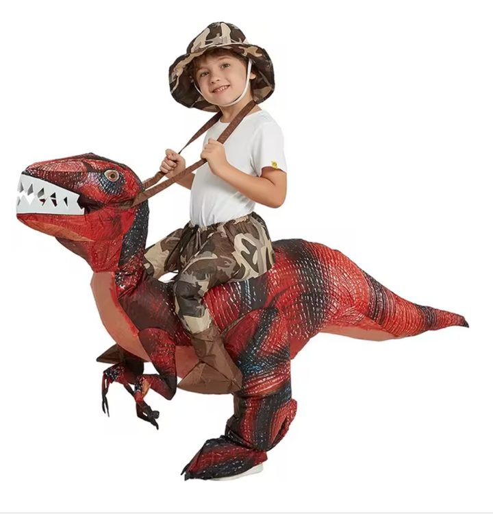 Adults enjoying a party game with a red inflatable dino ride-on toy indoors; great for active entertainment.