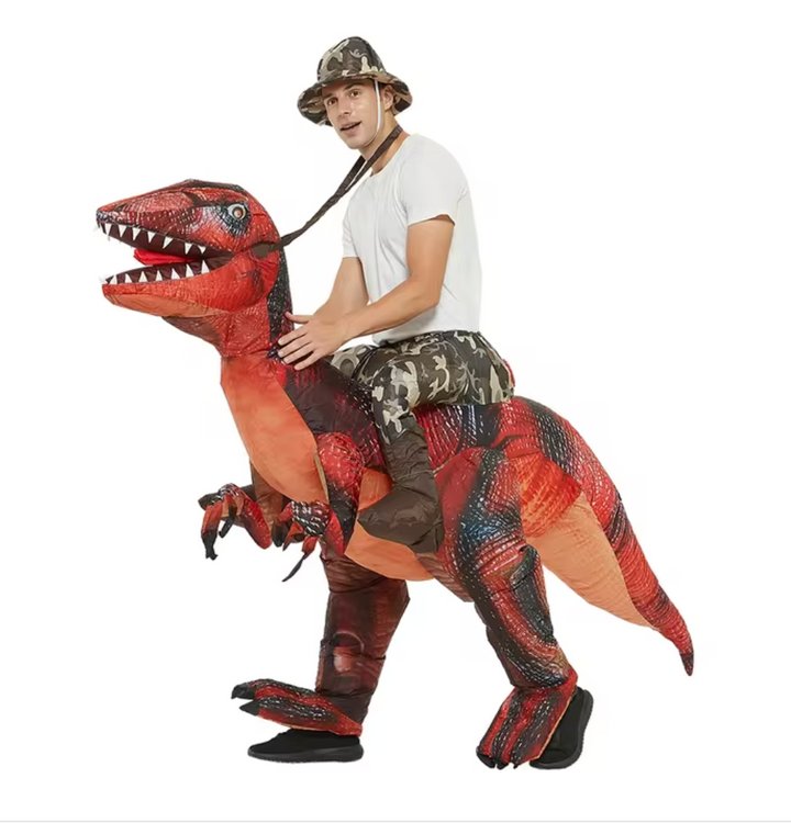 Blue & red inflatable dinosaur ride-on toy for kids & adults; a fun, active toy for indoor, outdoor, or party play.