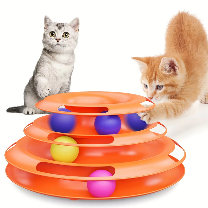 Interactive 3-tier cat play tower with spinning balls. Fun multi-level feline enrichment toy for kittens & active cats.