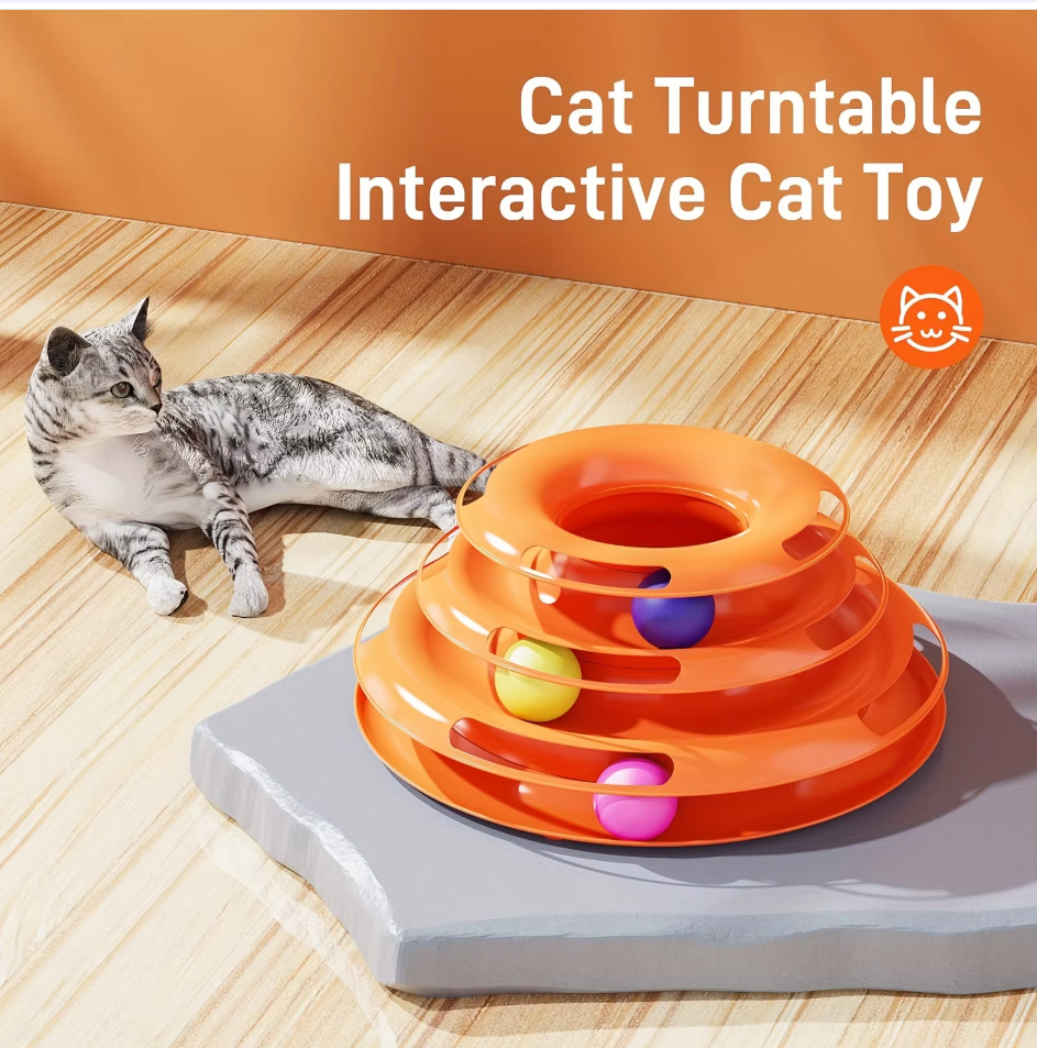 Durable 3-level interactive cat toy tower featuring multiple tracks & colorful spinning balls. Great for pet entertainment.