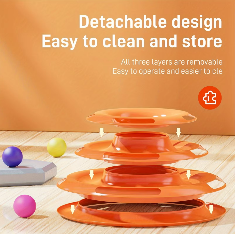 Cat's interactive 3-tier play tower with colorful balls, designed for endless feline fun & pet entertainment. Durable cat toy.