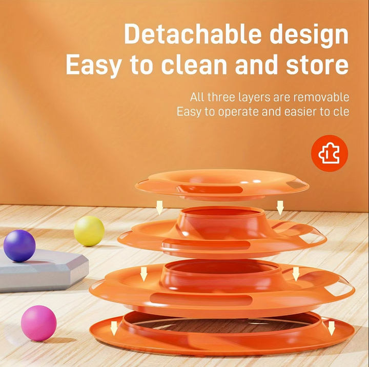 Cat's interactive 3-tier play tower with colorful balls, designed for endless feline fun & pet entertainment. Durable cat toy.