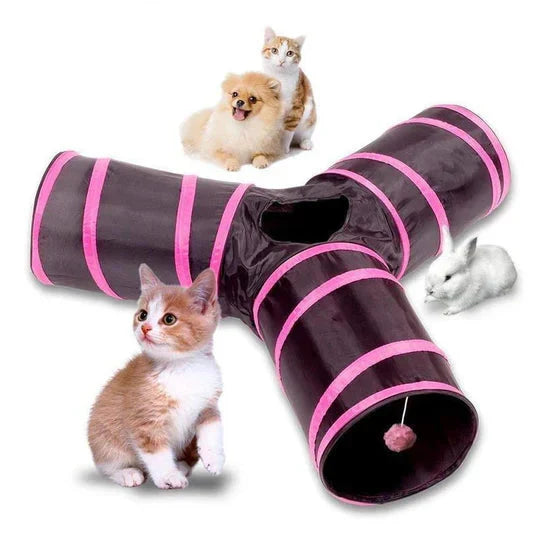 Interactive 3-way foldable cat play tunnel for kittens & small pets. Durable pet enrichment toy.