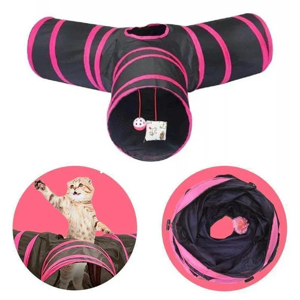Happy cat playing in a multi-way foldable pet play tunnel. Interactive enrichment toy for active kittens.