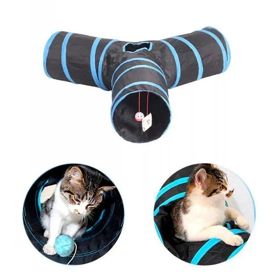 Foldable 3-way pet play tunnel for cats & small dogs. Space-saving interactive toy for pet exercise.