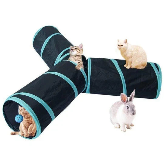Versatile 3-way foldable pet play tunnel for cats, kittens, & small dogs. Interactive pet exercise toy.