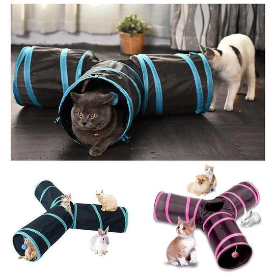 Kitten peeking out of a durable 3-way interactive cat tunnel. Fun foldable pet play and enrichment toy.