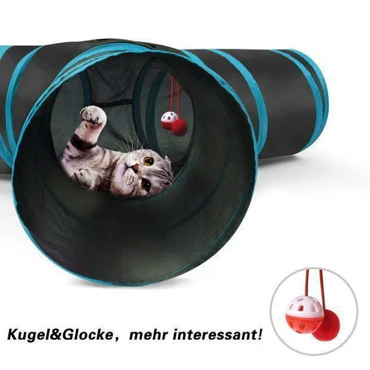 Interactive 3-way foldable cat tunnel promoting pet exercise & enrichment for cats, kittens & small animals.