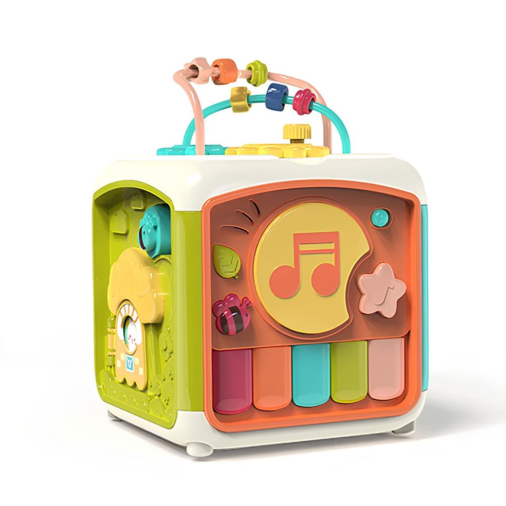 Interactive baby activity keyboard drum toy in orange and blue. Promotes early development, fine motor skills & sensory play.