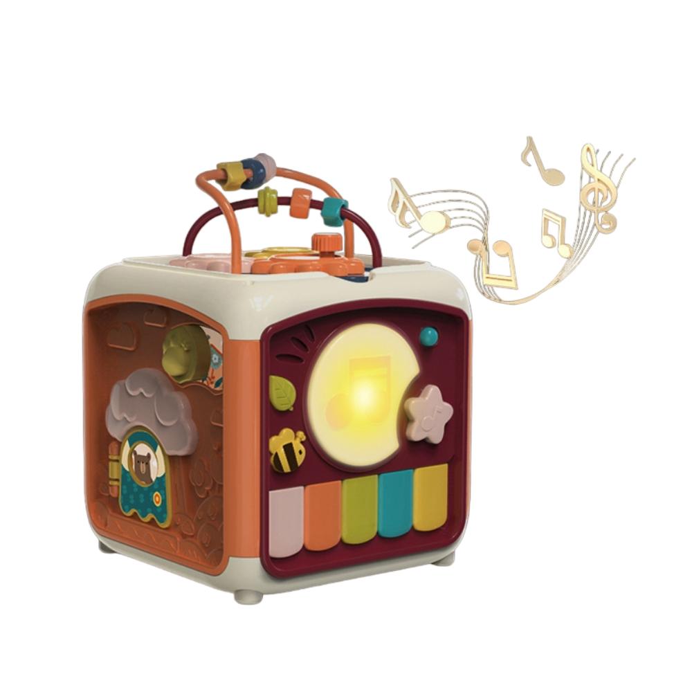 Orange and blue baby activity keyboard drum. An interactive musical toy for infants, enhancing sensory and fine motor skills.
