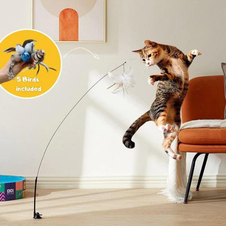 Interactive bird-like cat toy with suction cup base for engaging feline playtime & enrichment. Perfect for active cats & kittens.