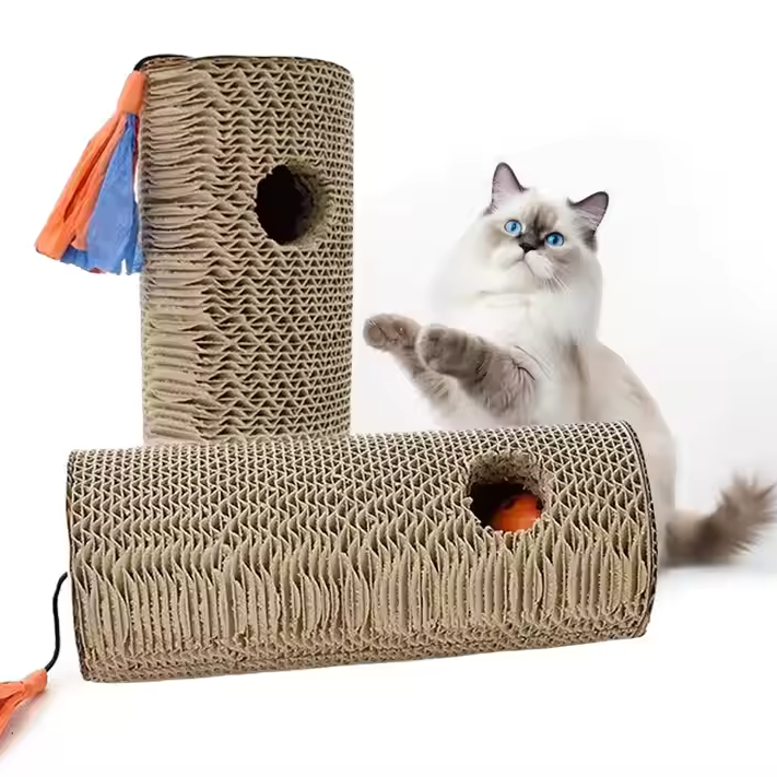Interactive cardboard cat scratching roll with fringes & play hole. Perfect for claw care, feline enrichment & furniture protection.