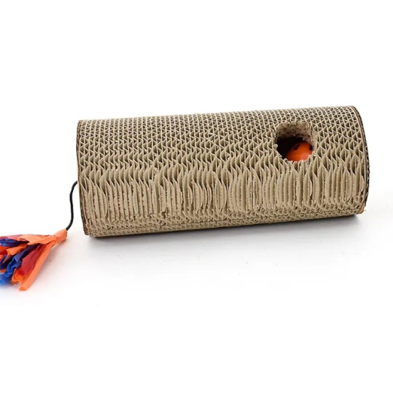 Durable cardboard cat scratcher roll, an interactive toy with fringes & a play hole for feline fun & claw care.
