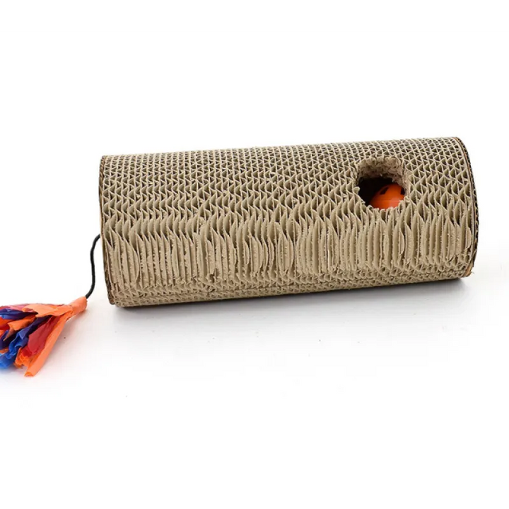 Durable cardboard cat scratcher roll, an interactive toy with fringes & a play hole for feline fun & claw care.