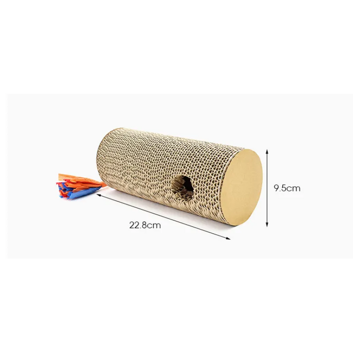 Cat play roll: corrugated cardboard scratching surface with plush fringes & an enticing play hole for enrichment & claw care.
