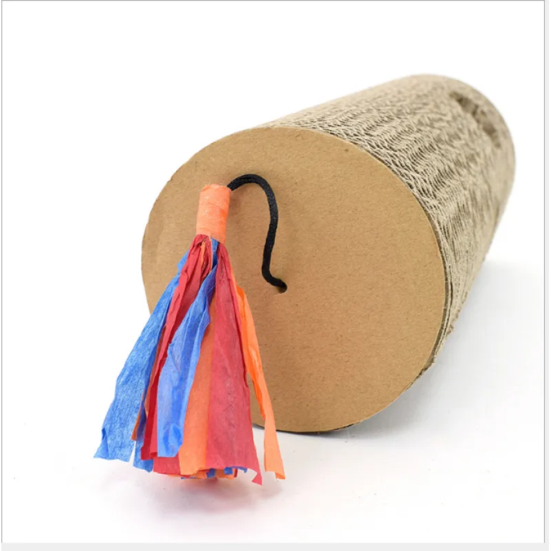 Interactive cat scratching roll with cardboard surface, fringes & play hole. Great for claw care & furniture protection.