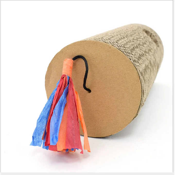 Interactive cat scratching roll with cardboard surface, fringes & play hole. Great for claw care & furniture protection.
