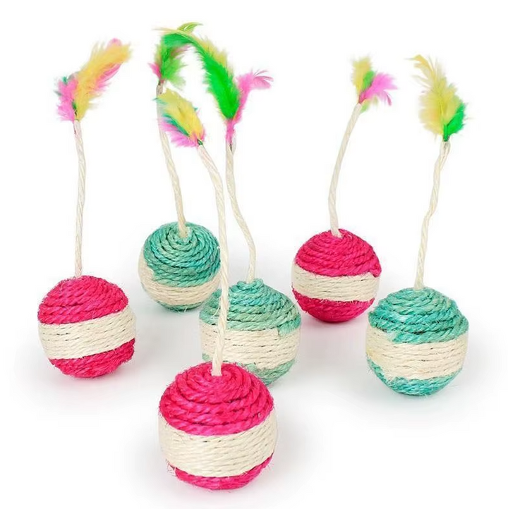 Interactive cat ball toy with feather and sisal rope for playful pet enrichment.